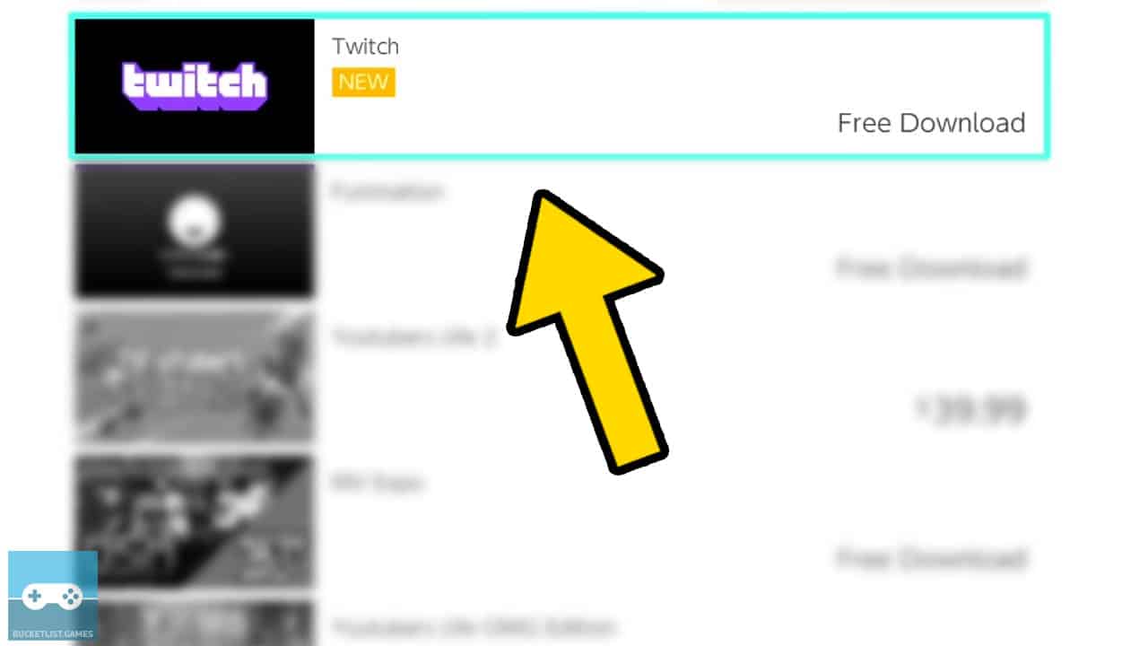 switch eshop searh results with yellow arrow pointing at the twitch app