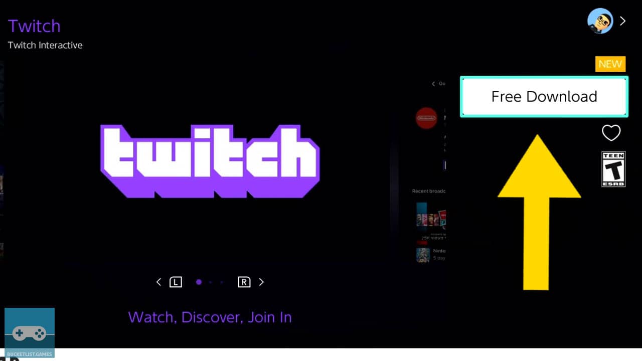 twitch switch product page with yellow arrow pointing at the "free download" button"