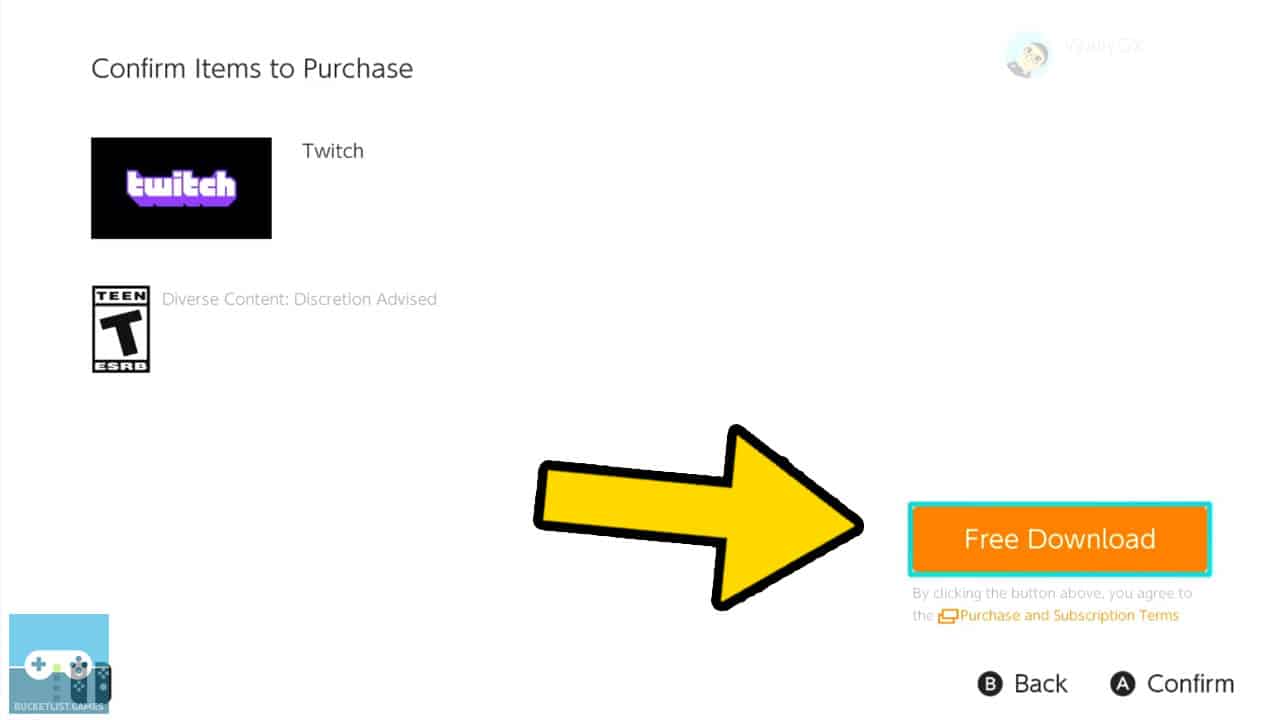 switch eshop software confirm items page, with a yellow arrow pointing at the "free downlaod" button