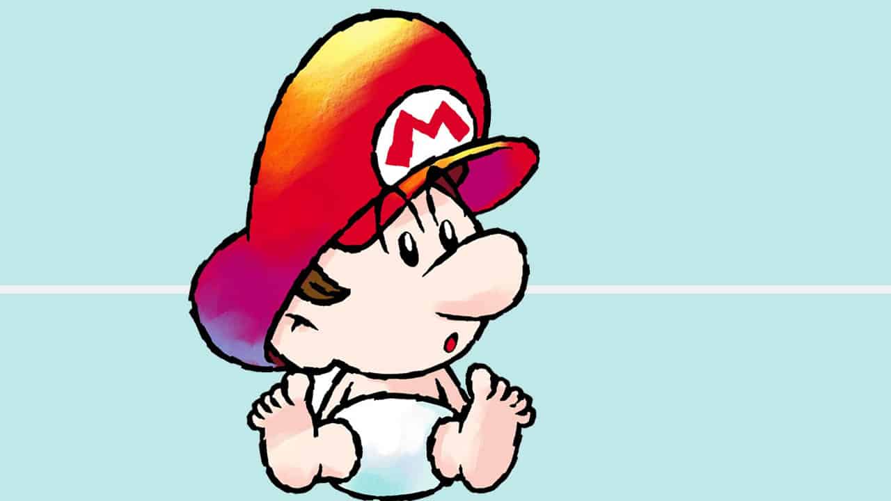 baby mario sitting with a puzzled look on his pace in front of a baby blue bacjground