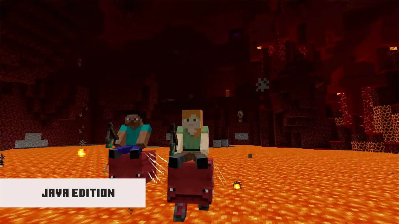 two pixel characters riding animals in a lava flooded cave (minecraft java edition screenshot)
