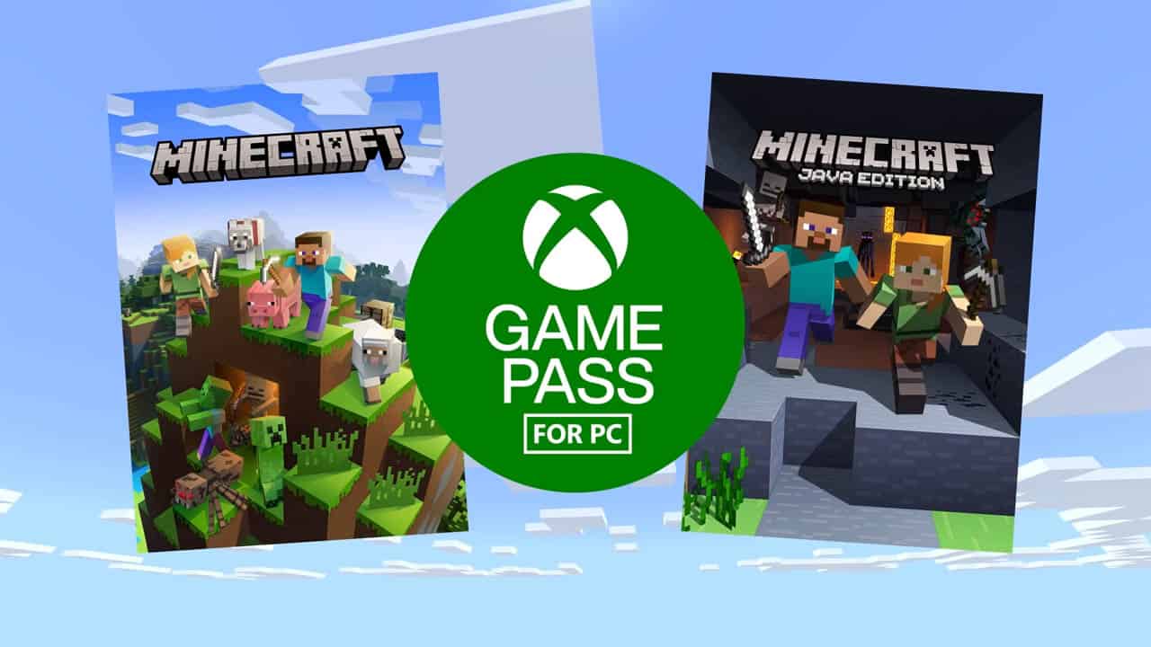 two minecraft box arts floating in the sky with a xbox game pass logo between them