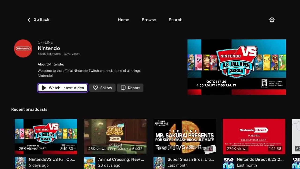 twitch switch app screenshot of nintendo's twitch page with vido thumbnails and text