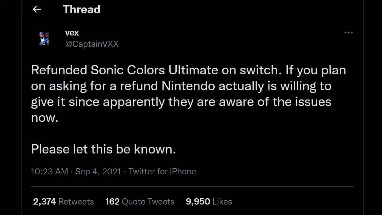 a twitter text paragraph talking about Nintendo granting refunds for sonic colors ultimate on switch