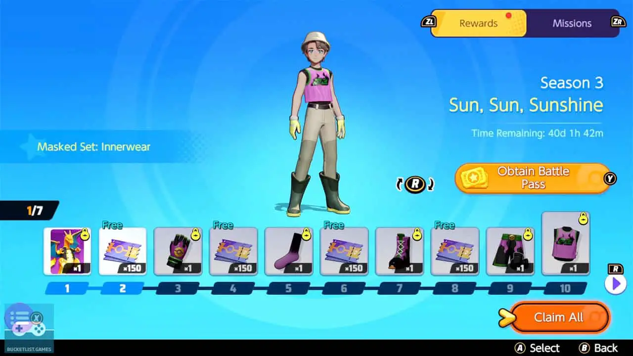 a trainer standing in the center of the sceen above a row of icon battle pass rewards