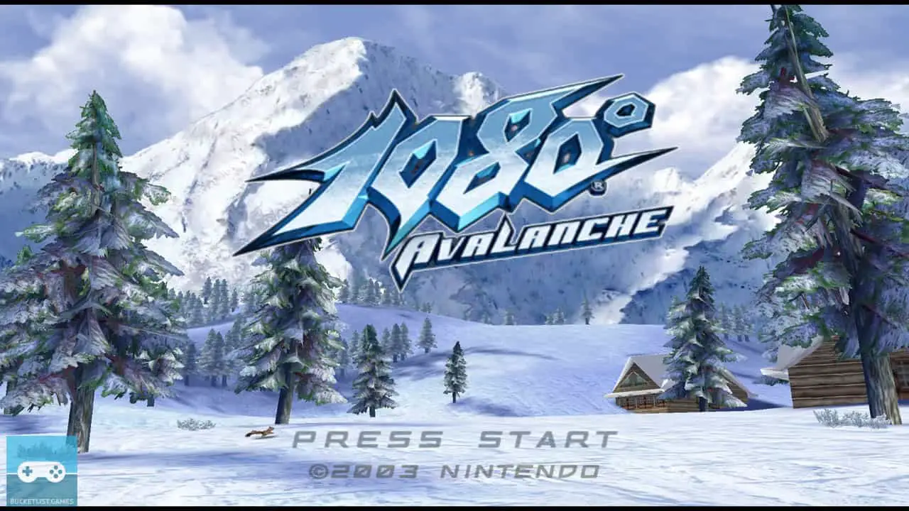 1080 avalanchce press start screen with logo and mountains in background