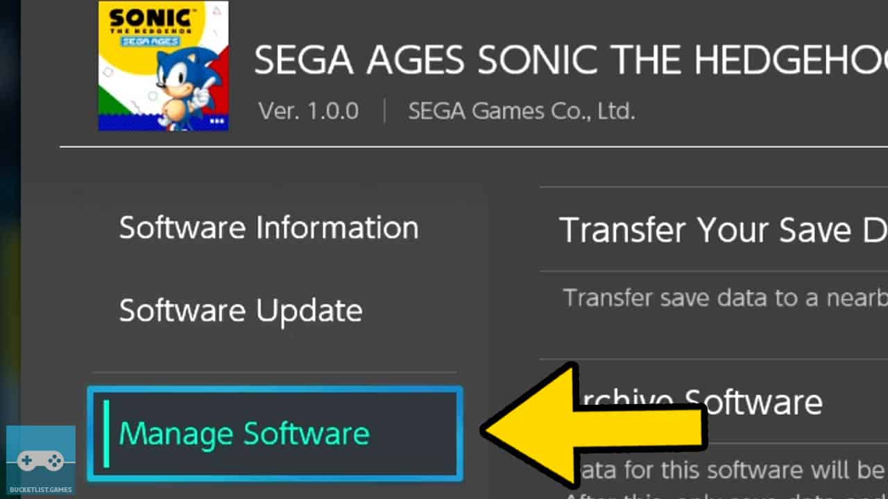 manage software switch game option with yellow arrow pointing at it