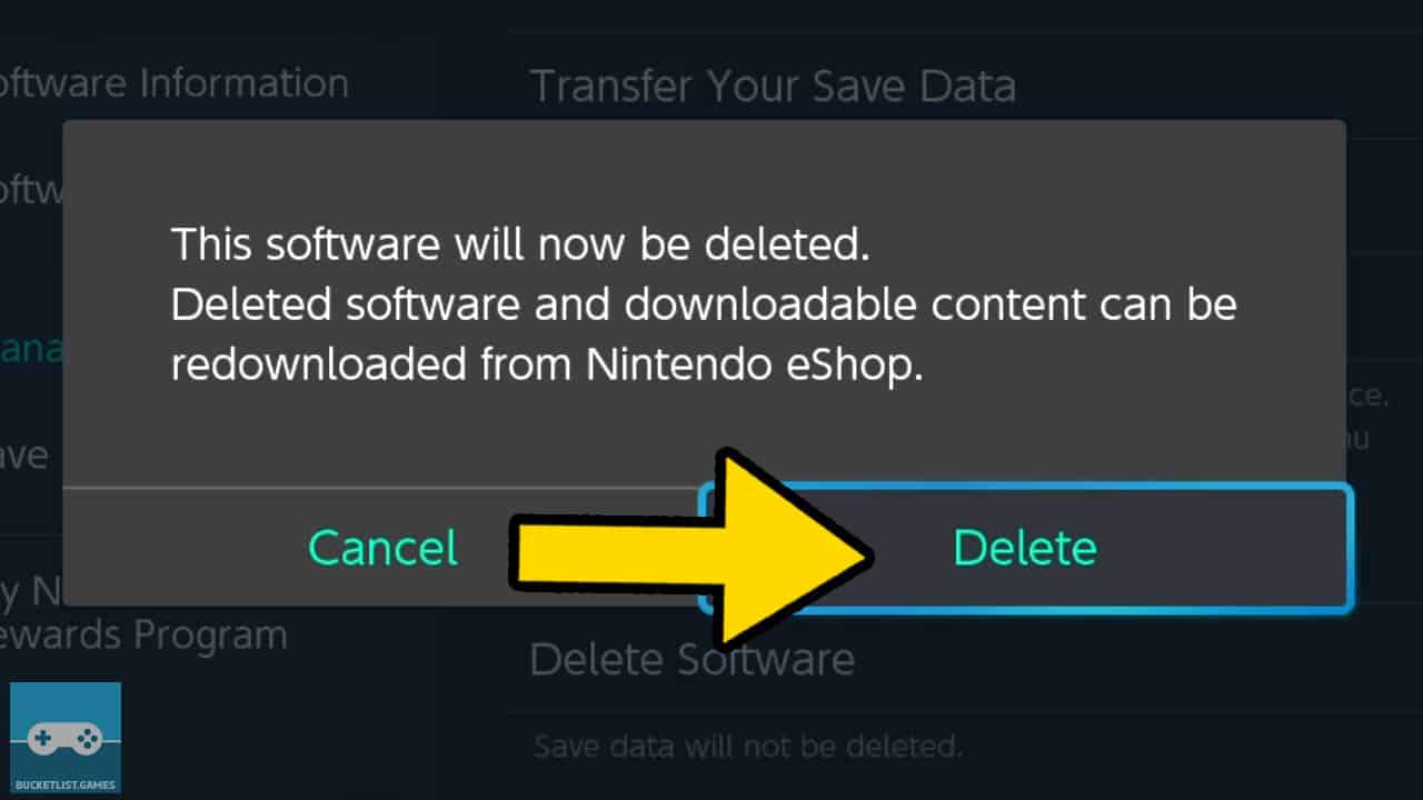 delete software button with yellow arrow pointing at it