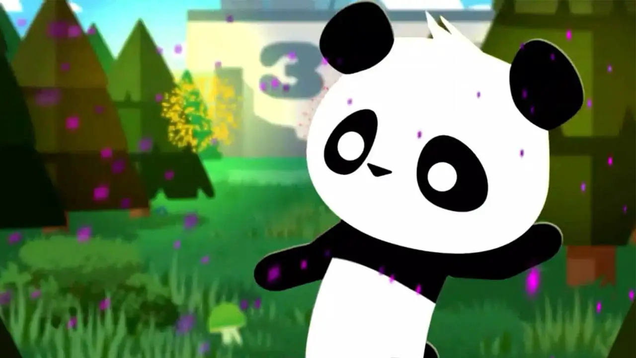 a panda bear celebrating with trees and grass in the background