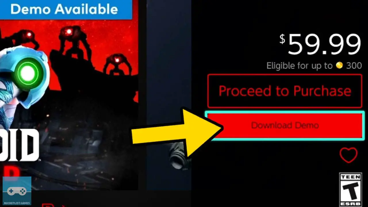 yellow arrow pointing at Download Demo button on metroid dread switch eshop product page