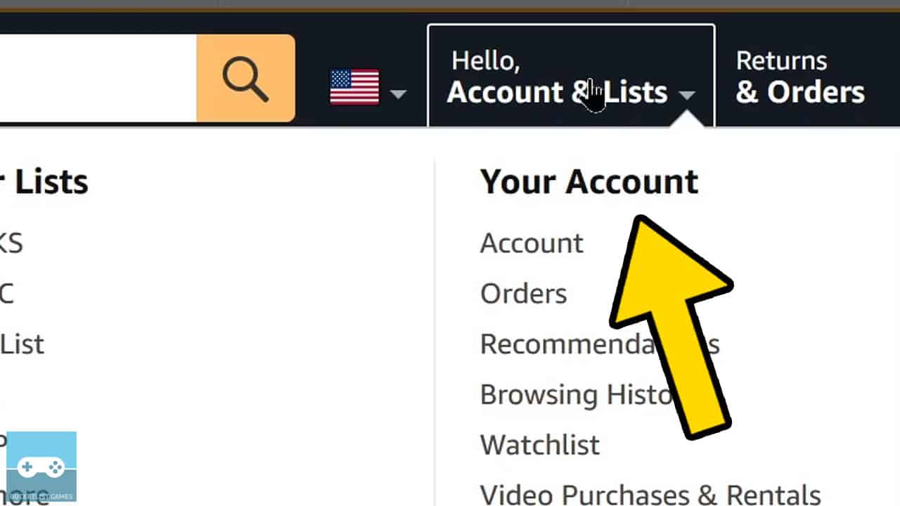 amazon website with a yellow arrow pointing at the correct menu option