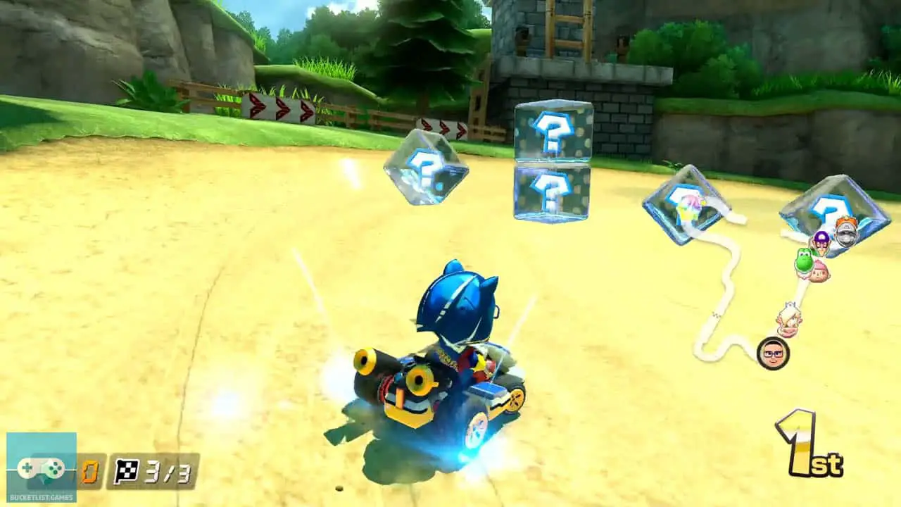 mario kart 8 deluxe screenshot of sonic racer in front of item blocks