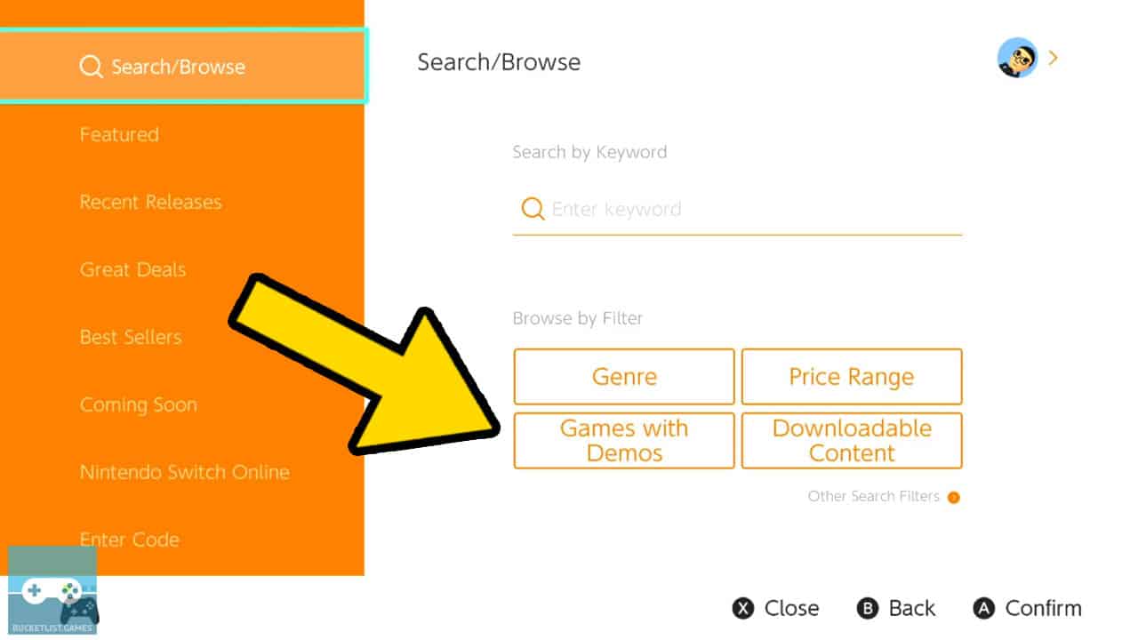 nintendo switch eshop search screen with yellow arrow pointing at the games with demos category