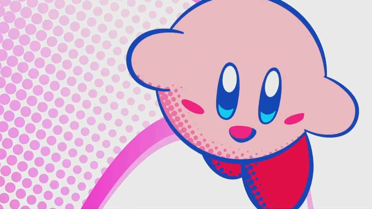 kirby happy, gldiing with a pink rainbow behind him