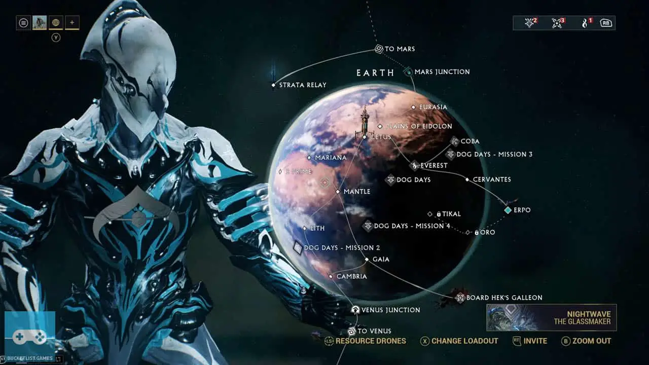 warframe screenshot  of the mission select screen with a warframe next to a large planet