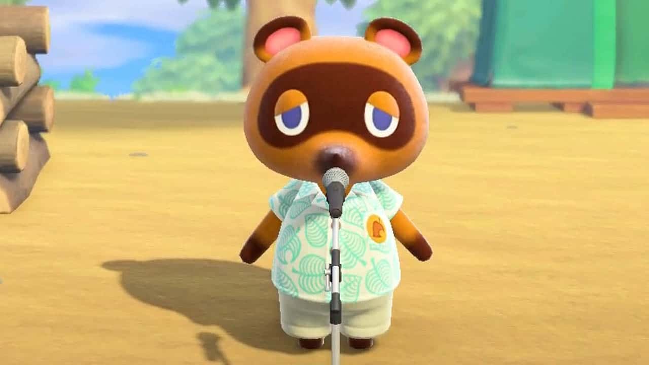 tom nook in front of a mic