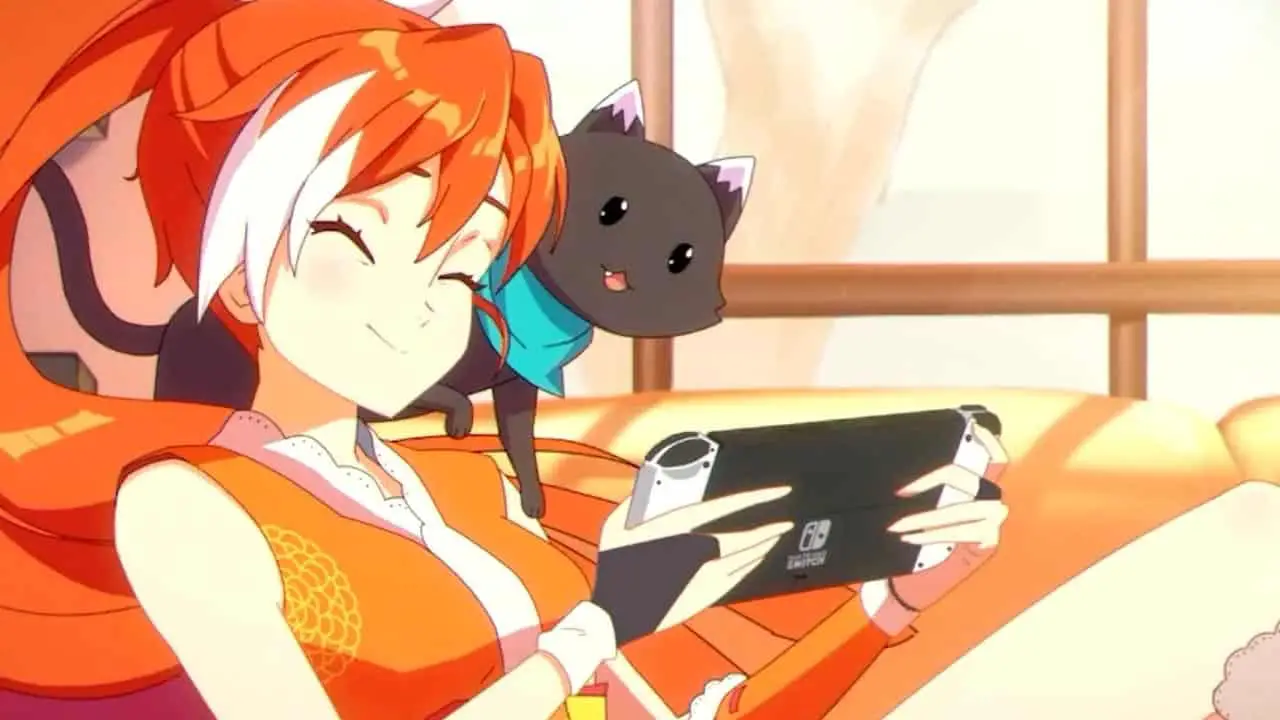 an anime girl playing switch with her cat on her shoulder