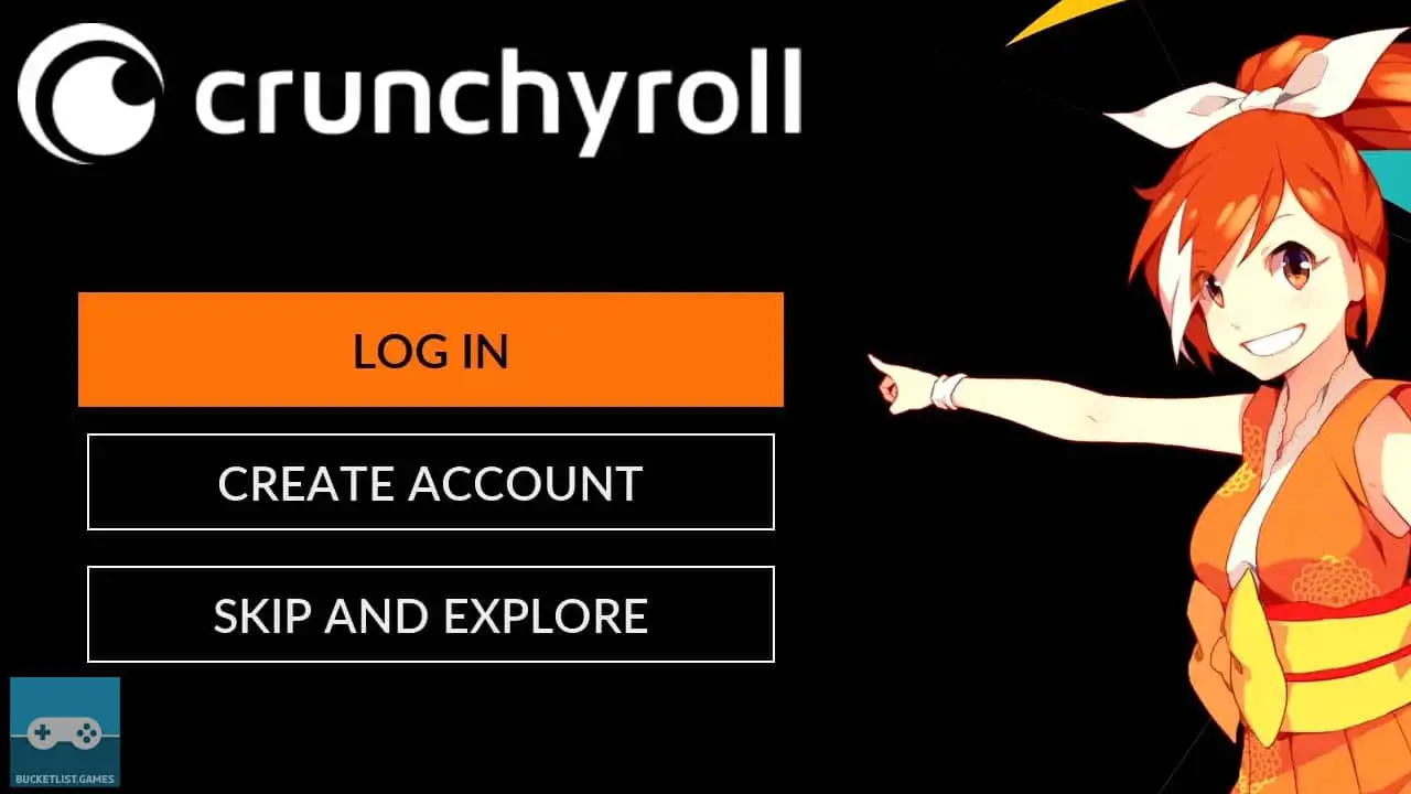 crunchyroll siwtch app login in page; anime girl pointing at log in option