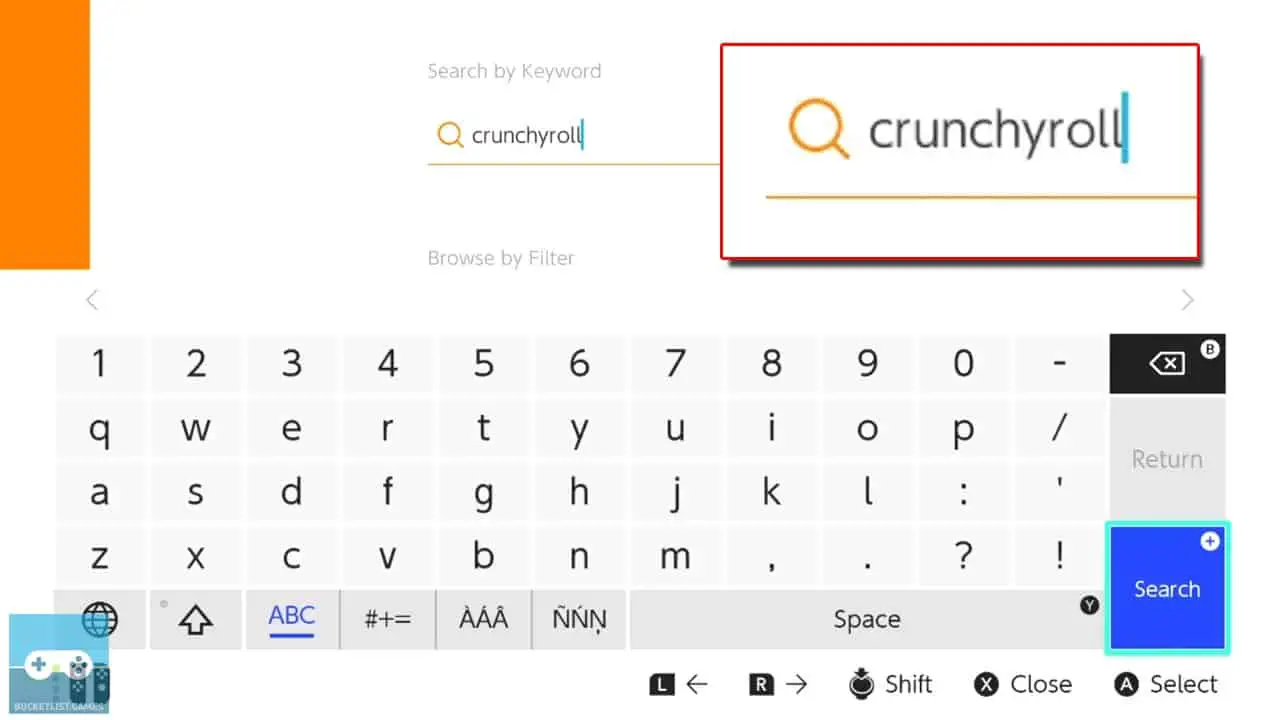an on-screen keyboard with crunchyroll typed in