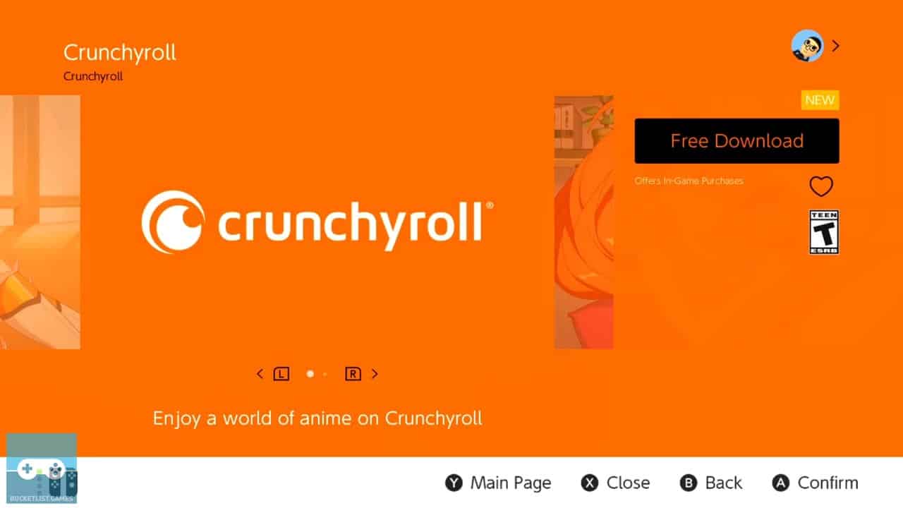 crunchyroll siwtch app product page; very orange screen with white text