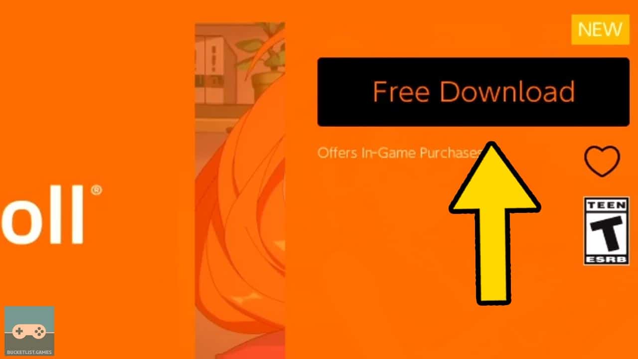 crunchyroll siwtch app product page; very orange screen with white text with yellow arrow pointing at free download button