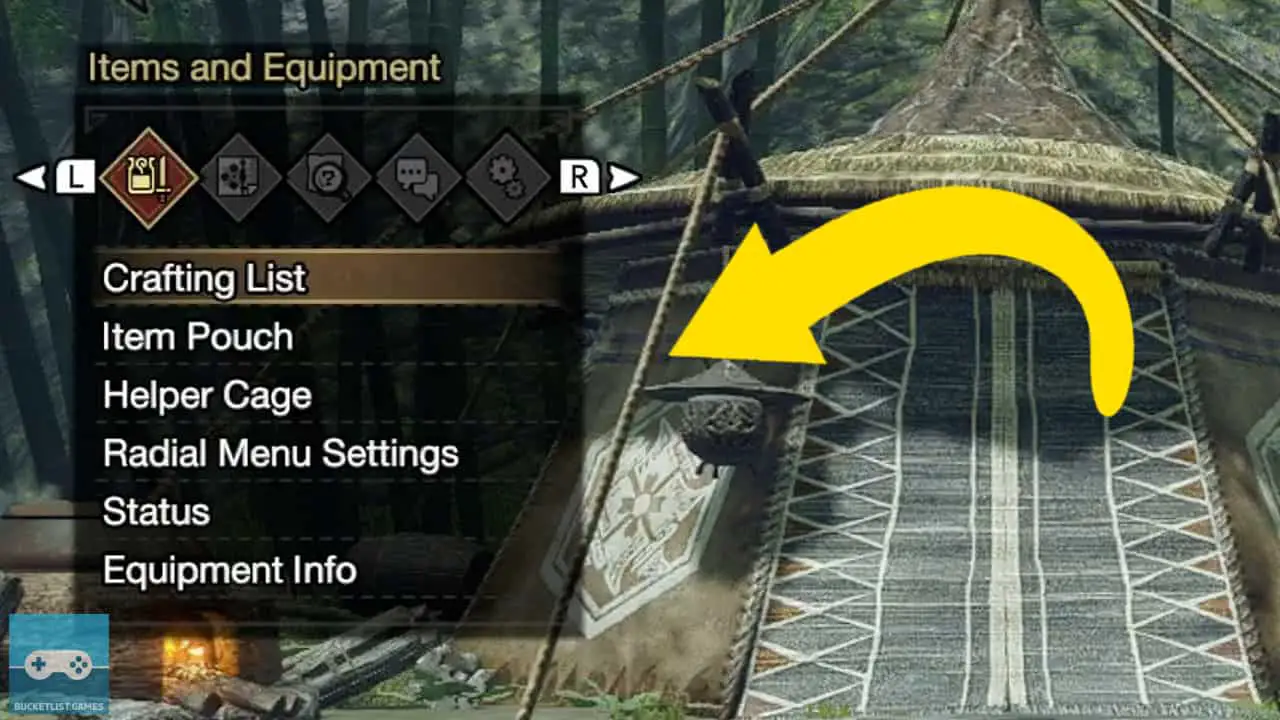 an in-game menu with a yellow arrow pointing at a selection