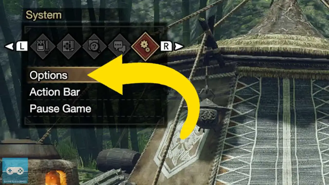 an in-game menu with a yellow arrow pointing at a selection