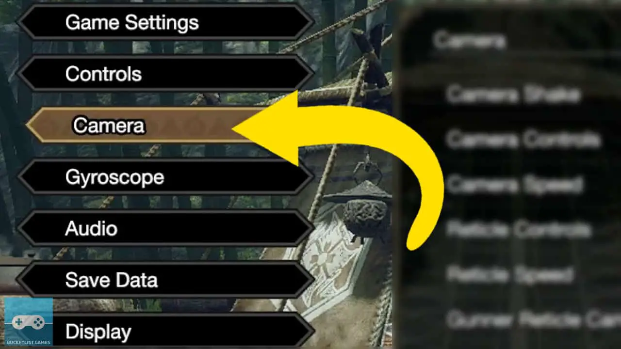 an in-game menu with a yellow arrow pointing at a selection