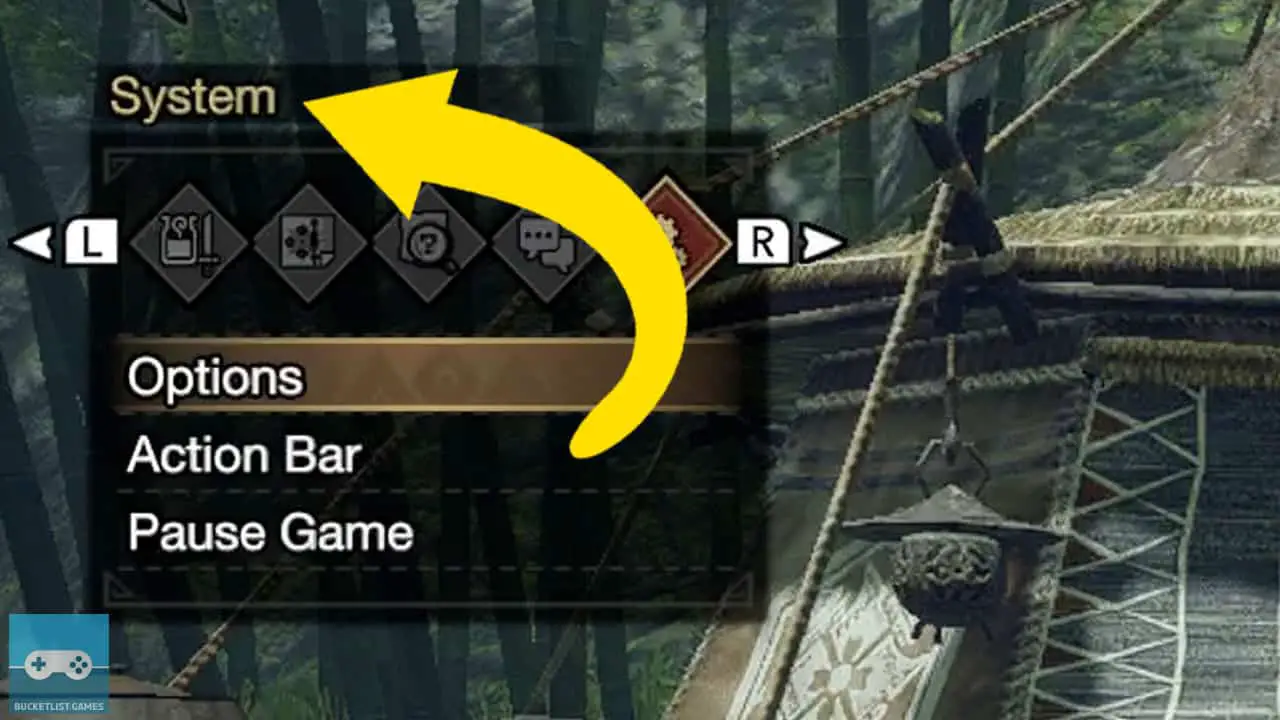 an in-game menu with a yellow arrow pointing at a selection