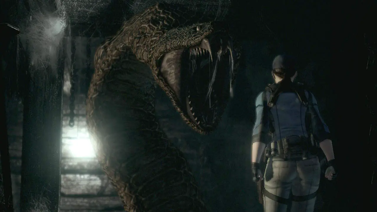 a giant snake with its mouoth open in front of a military woman; resident evil 1 remake nintendo switch screenshot