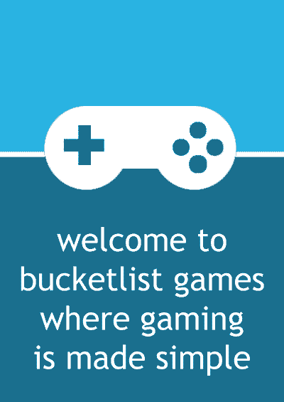 controller logo with bucket list games motto "where gaming is made simple" on a blue index card background