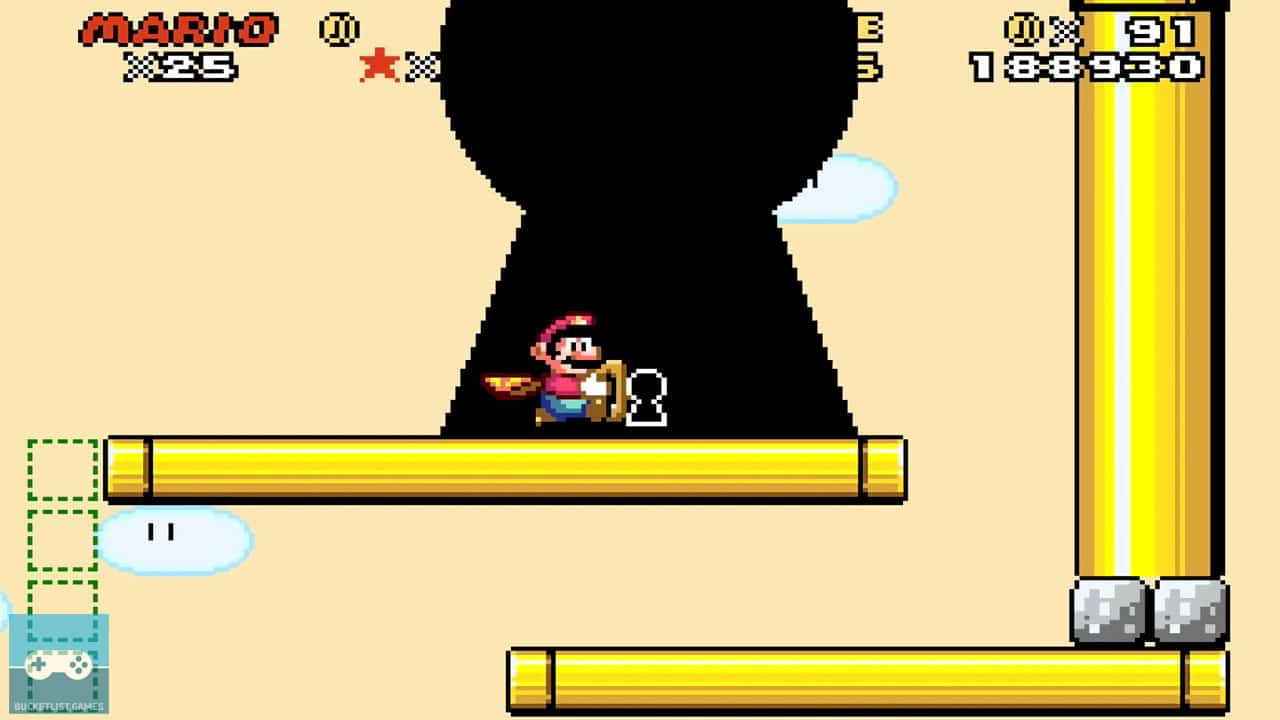 mario holding a secret exit key, entering a keyhole