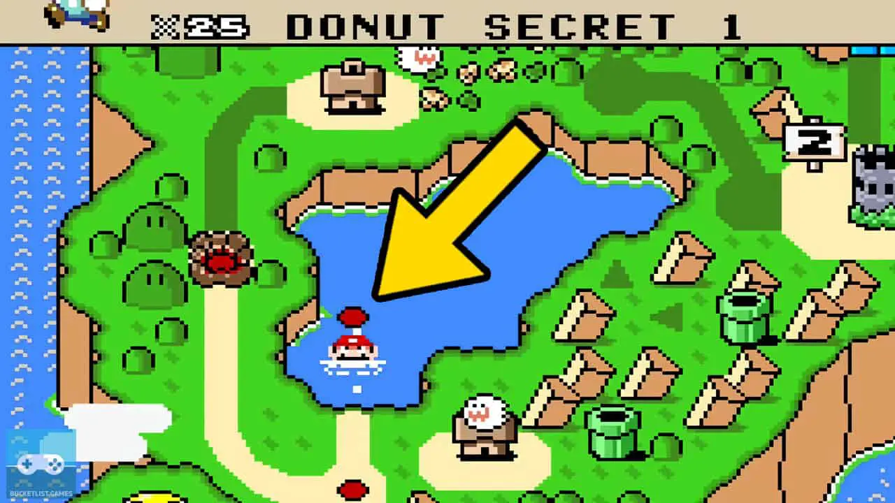 mario world map with yellow arrow pointing at donut secret 1