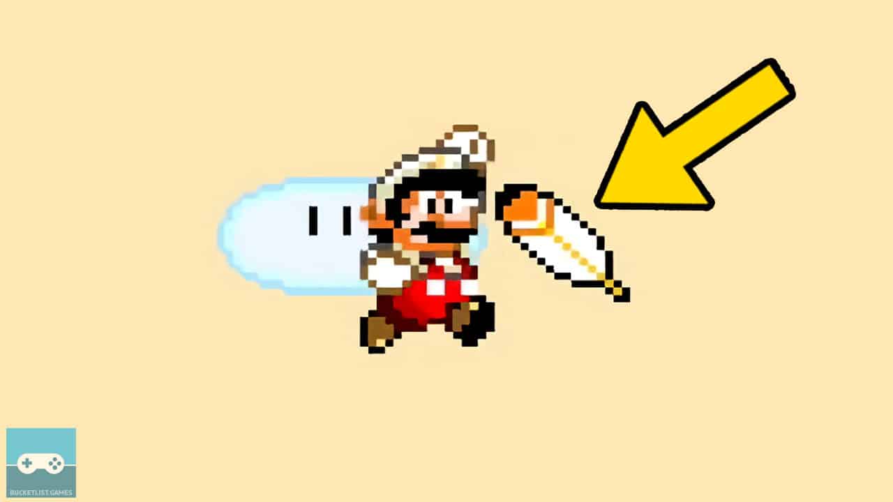 mario next to a feather with a yellow arrow pointing at the feather