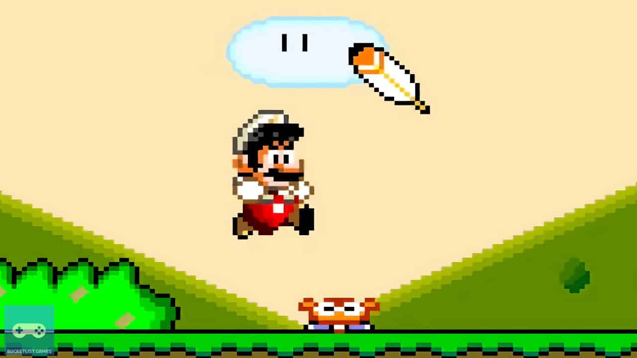 mario jumping on an enemy and a feather item appears