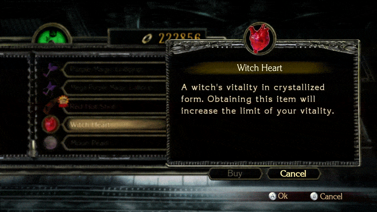 shop screen buying a witch heart; bayonetta animated gif screenshot