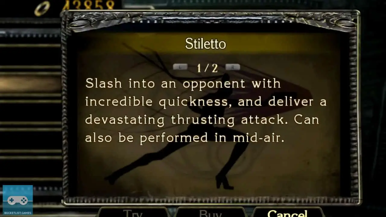 a shop screen of an item and its text description; bayonetta nintendo switch screenshot