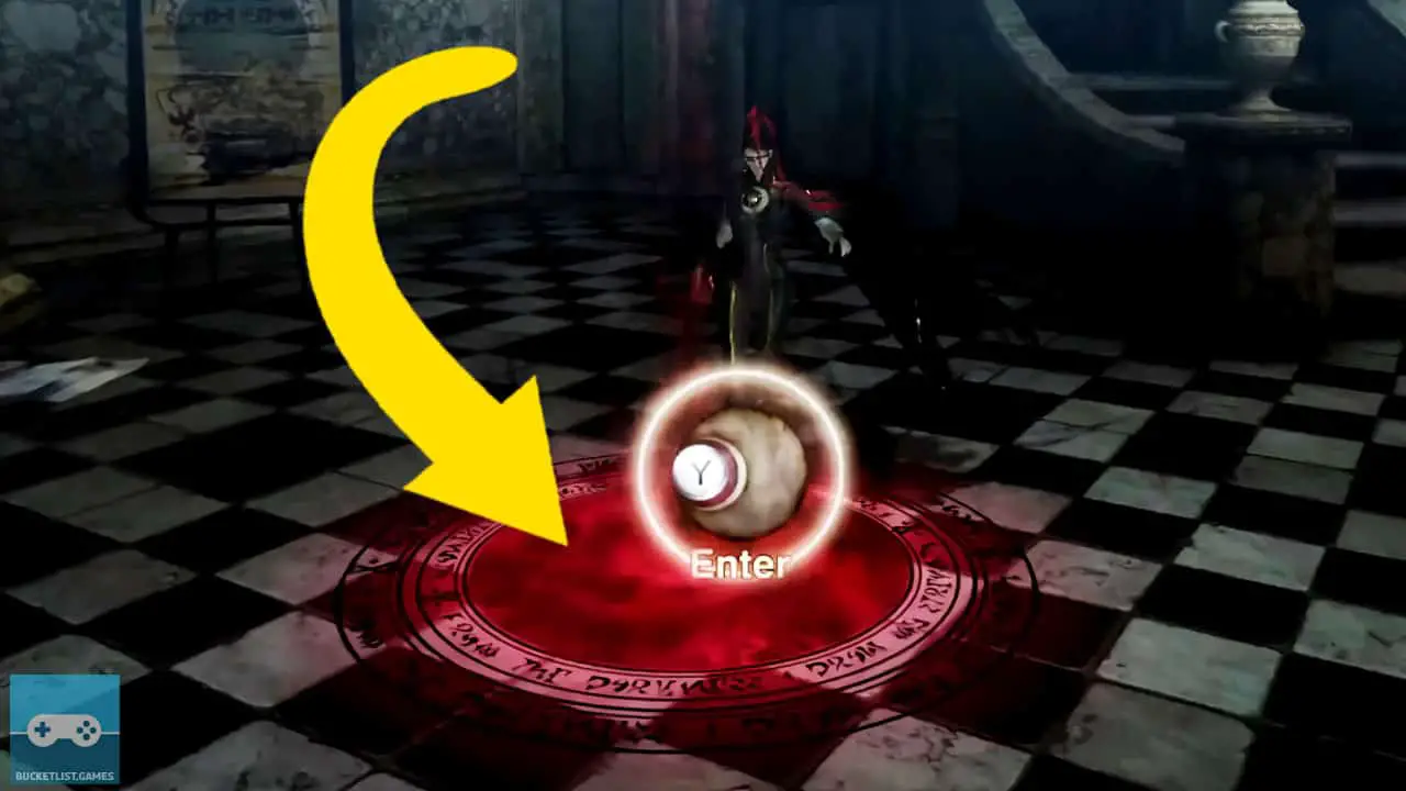 a lady standing on a red circle in a room with a yellwo arrow directed at the circle; bayonetta screenshot