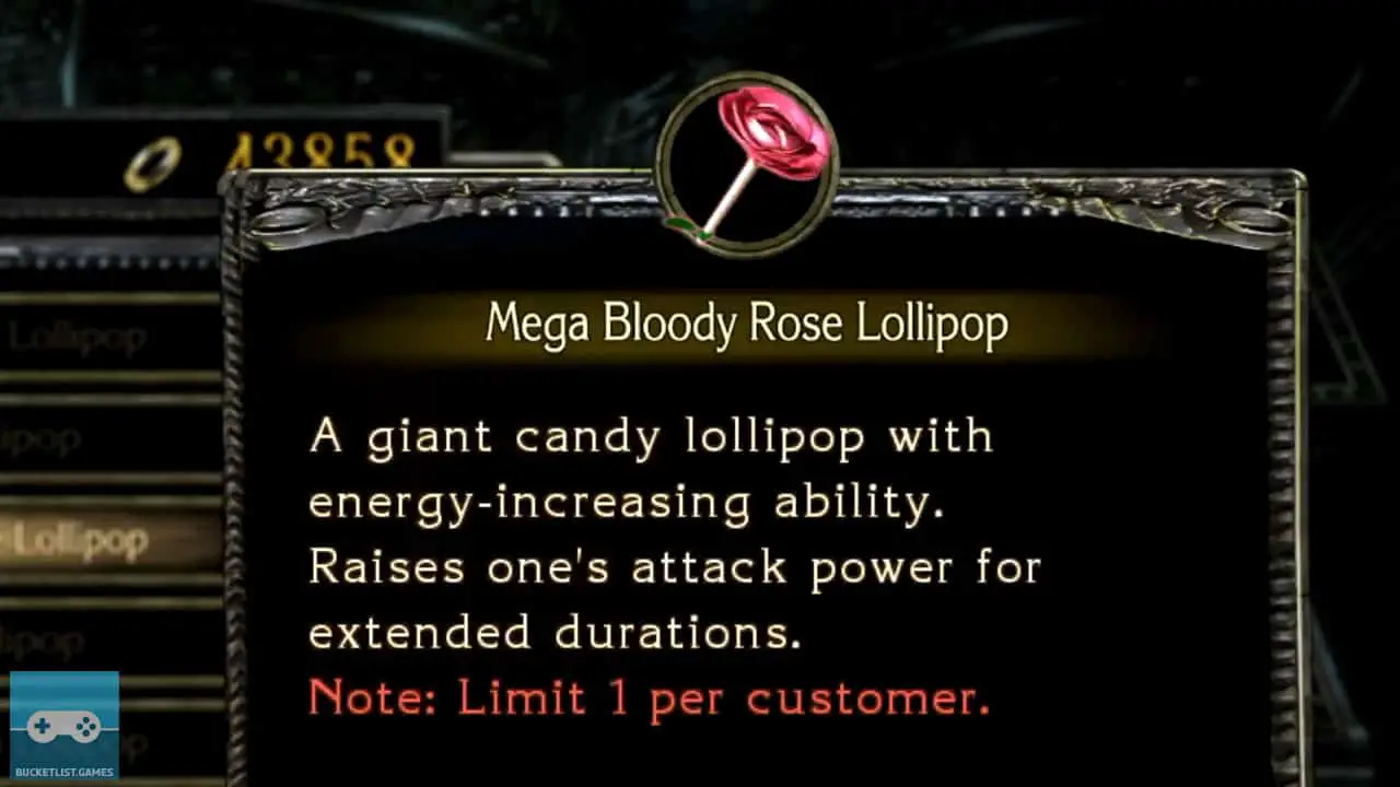 a shop screen of an item and its text description; bayonetta nintendo switch screenshot