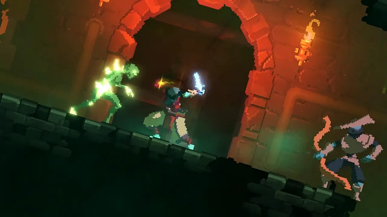 dead cells pixel characters doing combat in dungeon