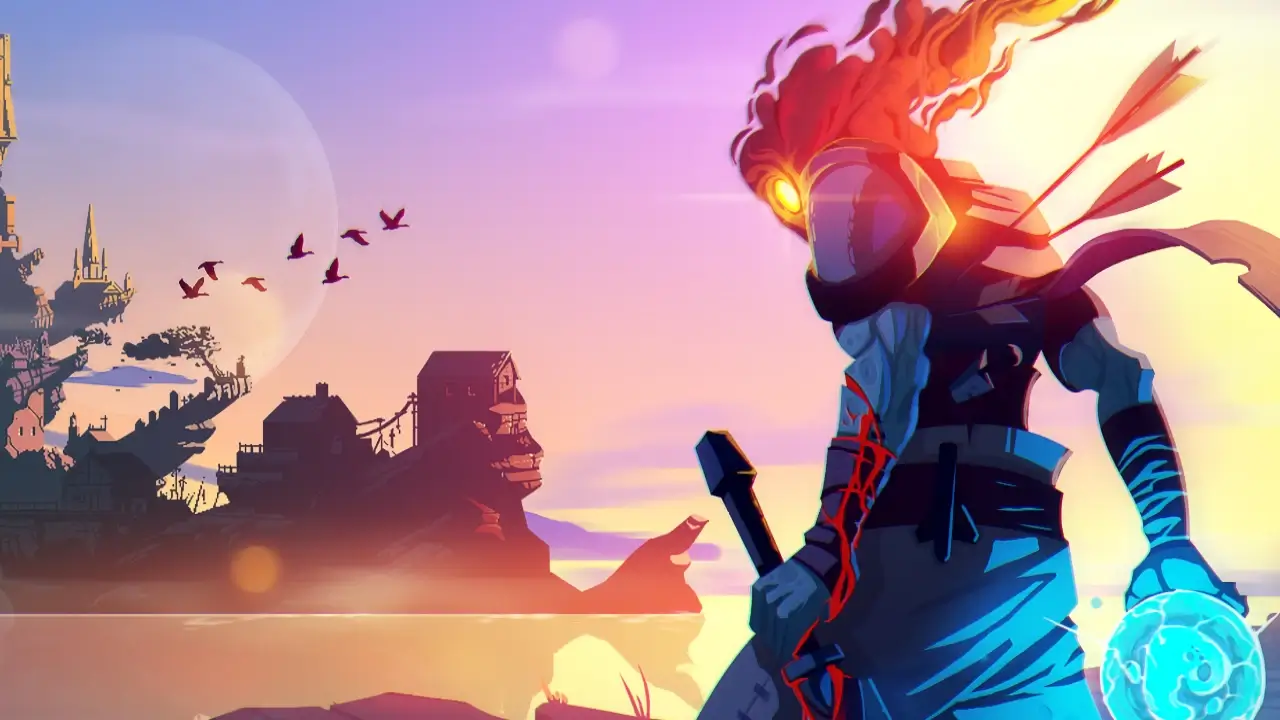 dead cells art of main character standing in front of a castle and lake