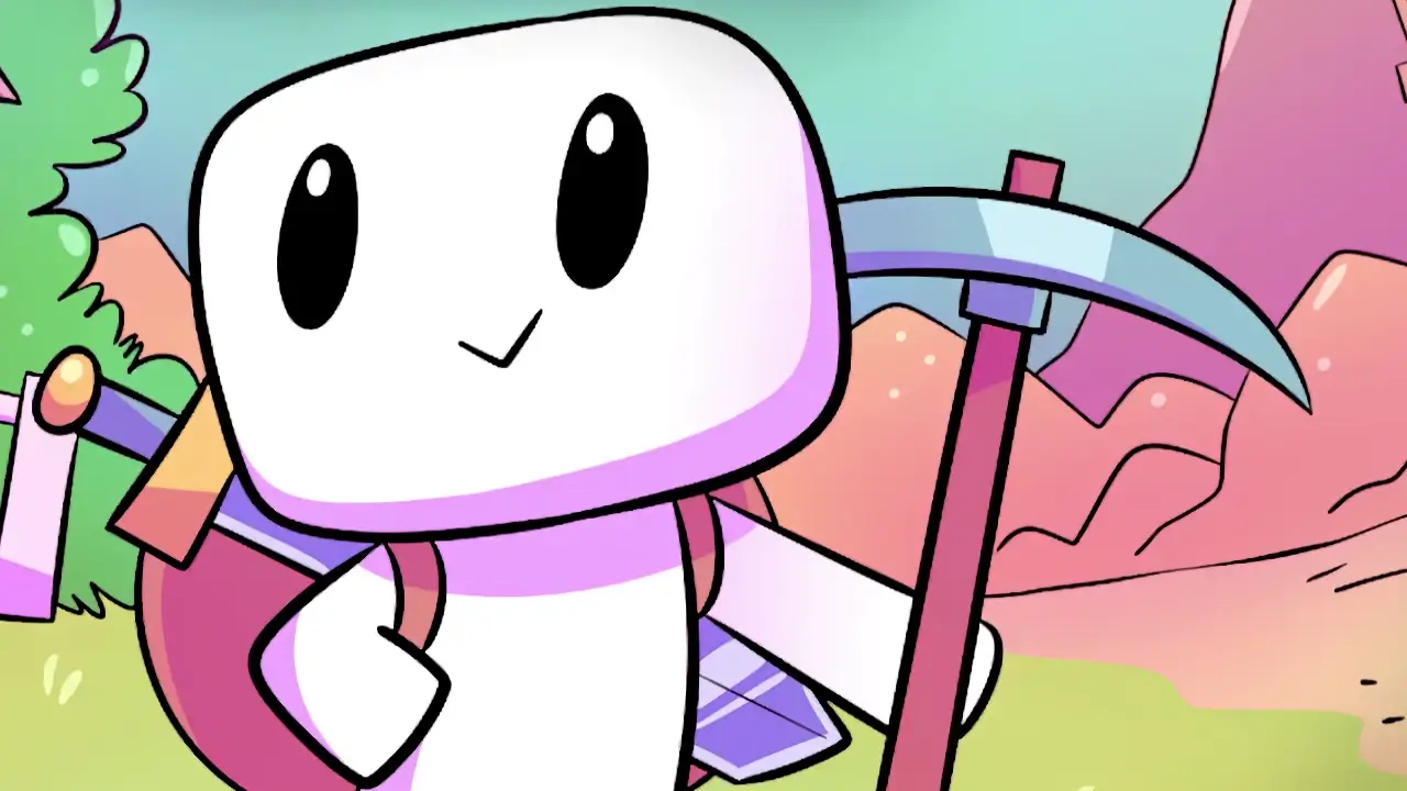 forager key art cartoon guy smiling holding pickaxe