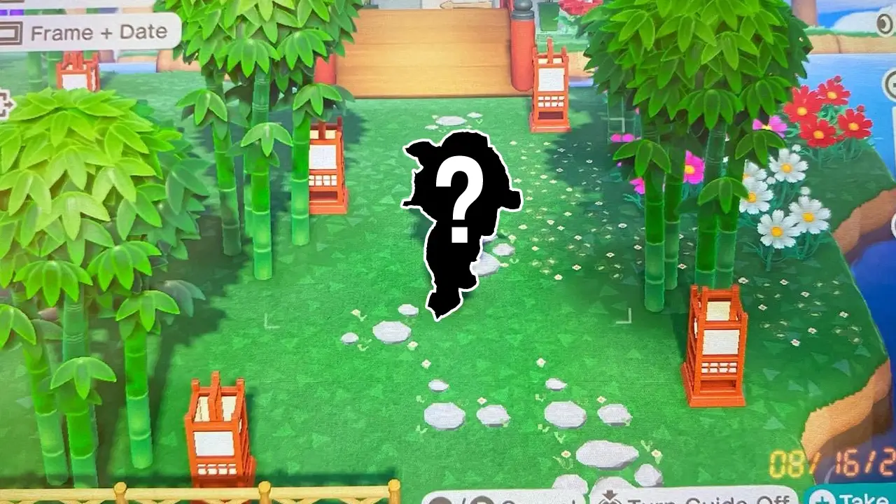 animal crossing lawn with character silhouette with question mark