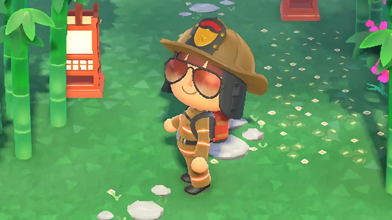 animal crossing new horizons happy girl on lawn wearing fire fighter clothing
