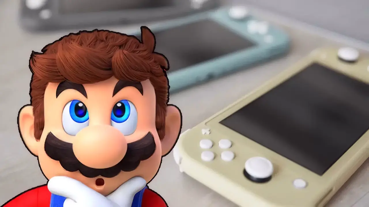 mario thinking with nintendo switch lites on a desk in the background