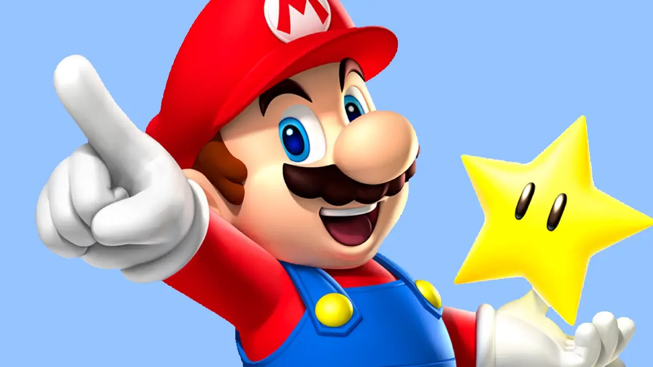 mario holding a star in front of a blue background