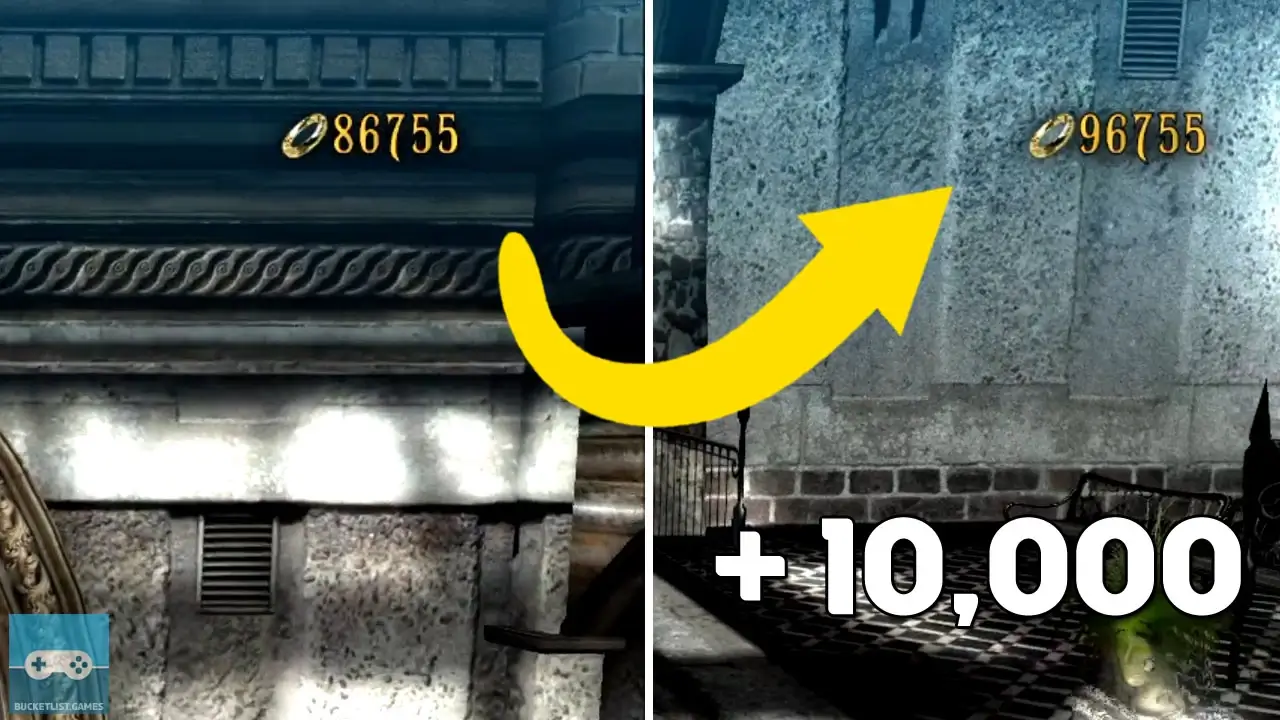 bayonetta 1 nintendo switch how to earn halos tutorial image with a yellow arrow pointing at a specific part of the screen