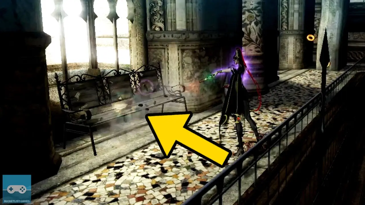 bayonetta 1 nintendo switch how to earn halos tutorial image with a yellow arrow pointing at a specific part of the screen
