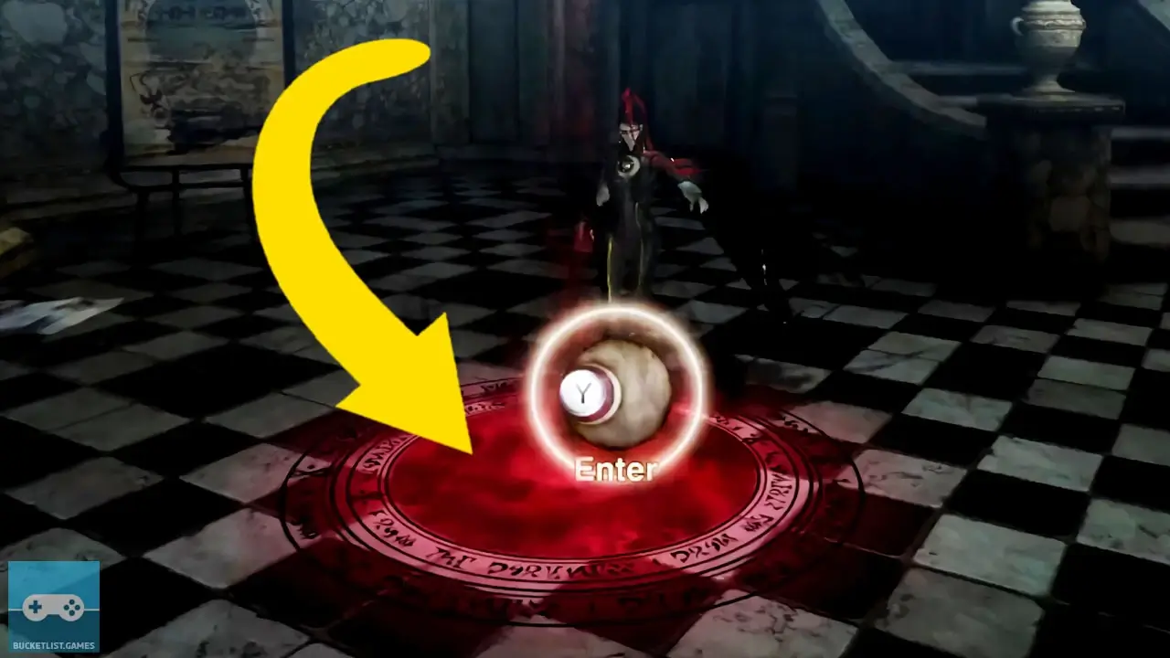 bayonetta 1 screenshot of a location with a yellow arrow pointing at an important part of the stage