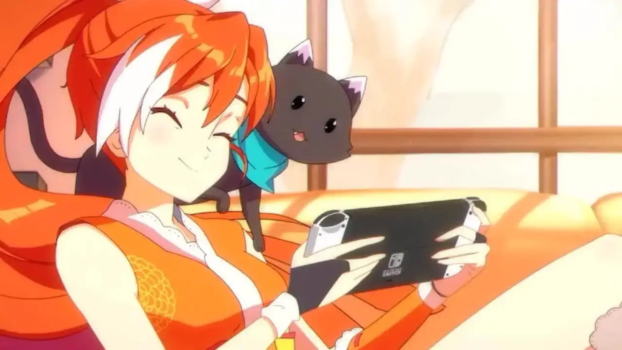 happy anime girl playing nintendo switch